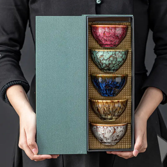 Five Element Ceramic Tea Cups, Set of 5 in a Gift Box