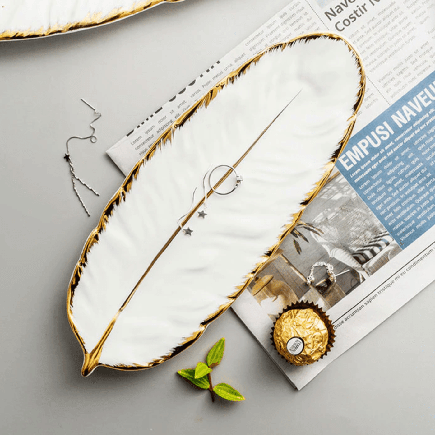 Leaf Shaped Ceramic Platters with Gold Rim, view 7