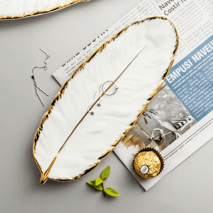 Leaf Shaped Ceramic Platters with Gold Rim, view 7