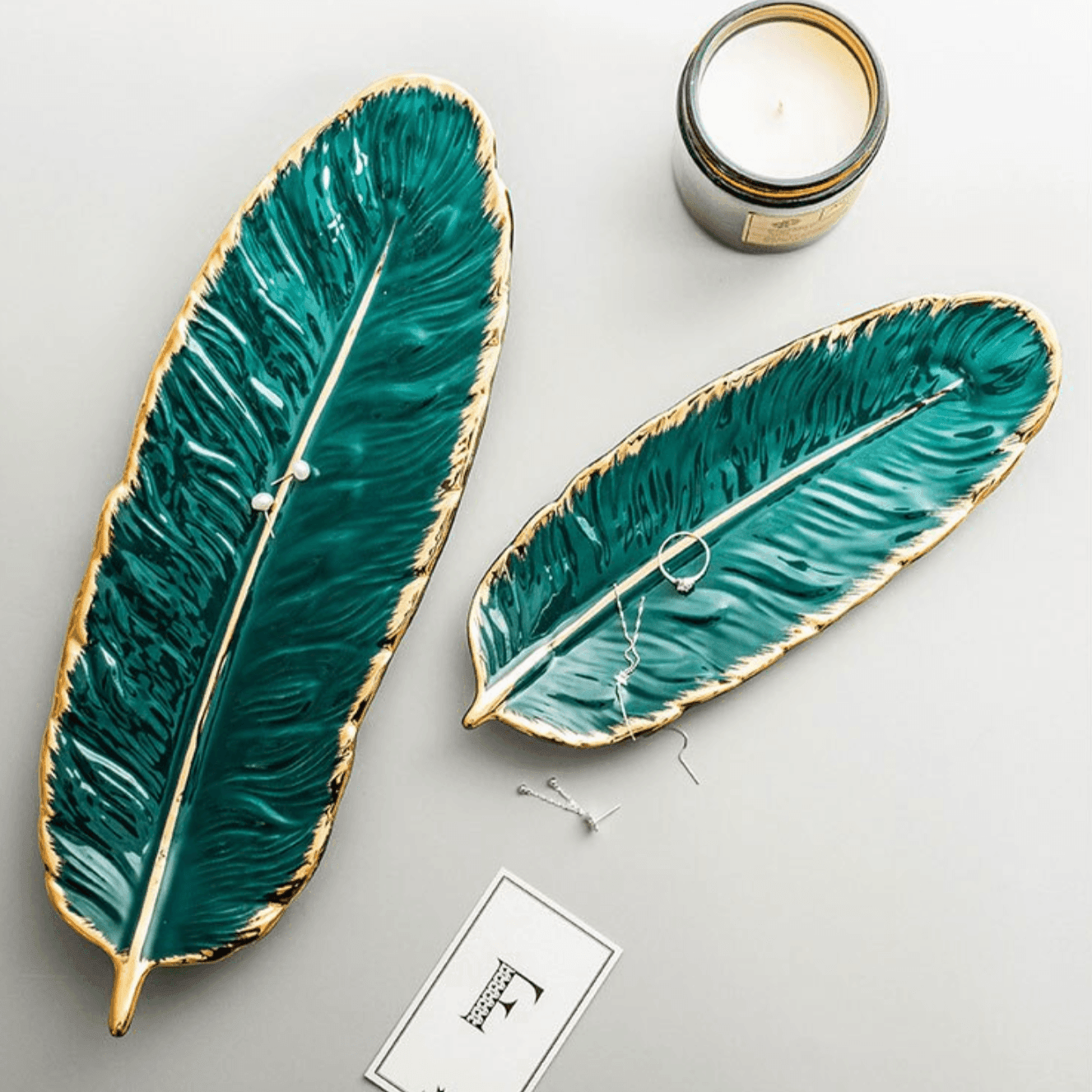 Leaf Shaped Ceramic Platters with Gold Rim, view 13