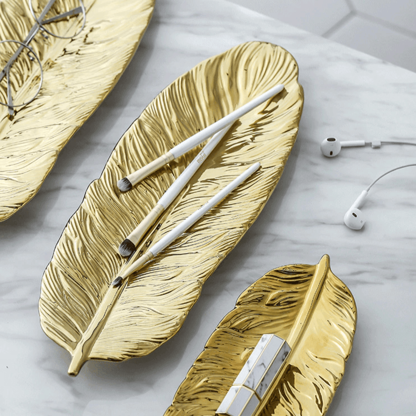 Leaf Shaped Ceramic Platters with Gold Rim, view 12