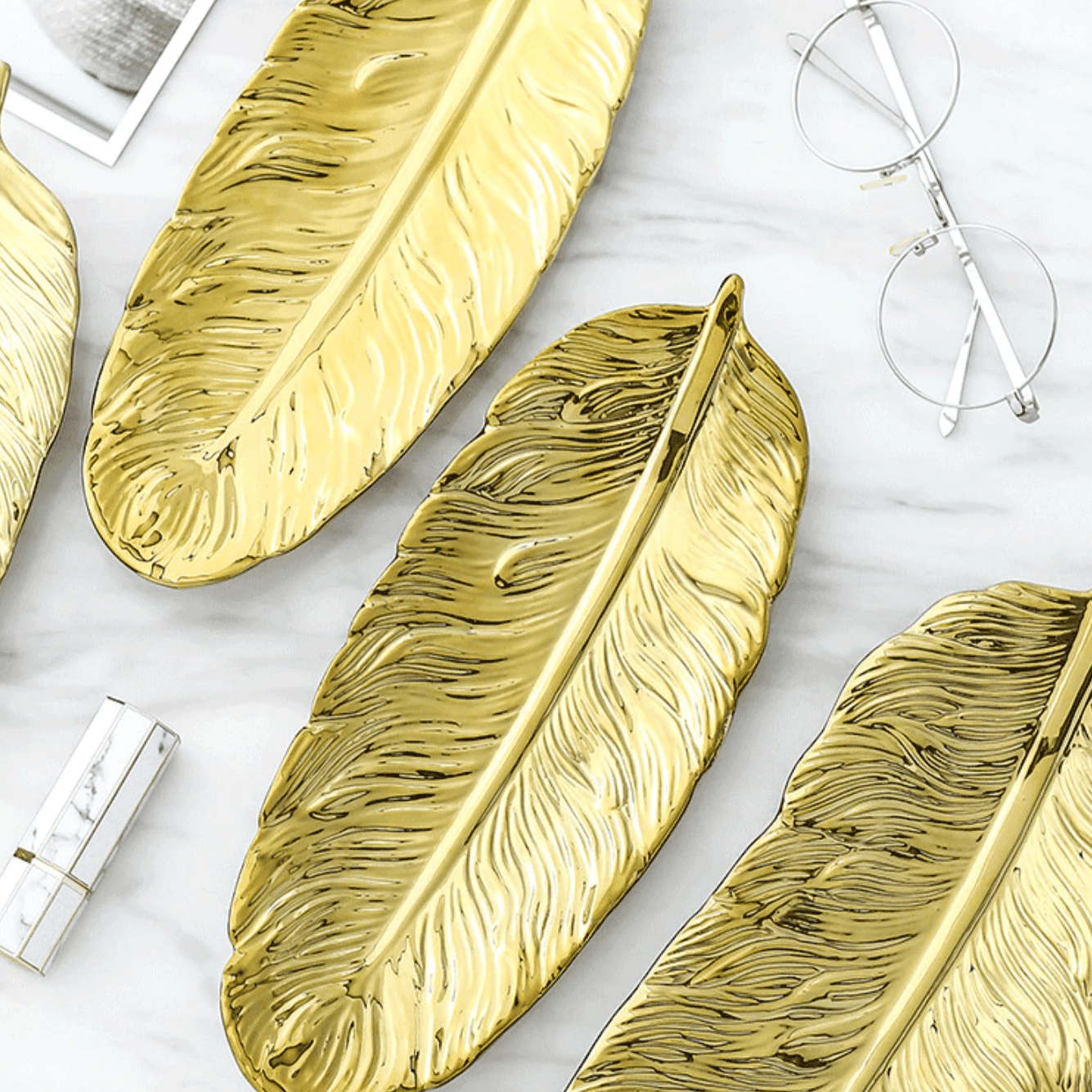 Leaf Shaped Ceramic Platters with Gold Rim, view 11
