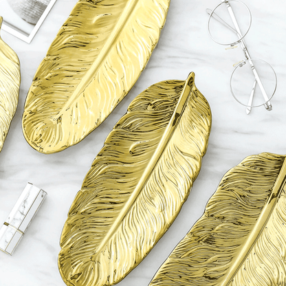 Leaf Shaped Ceramic Platters with Gold Rim, view 11