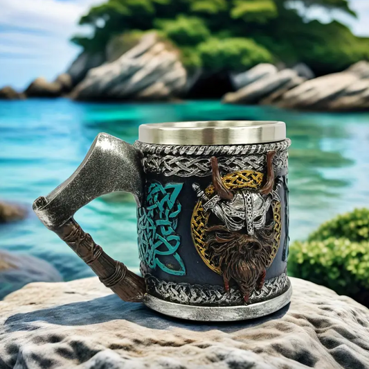 Viking Mug with Axe Handle, Resin and Steel Lined