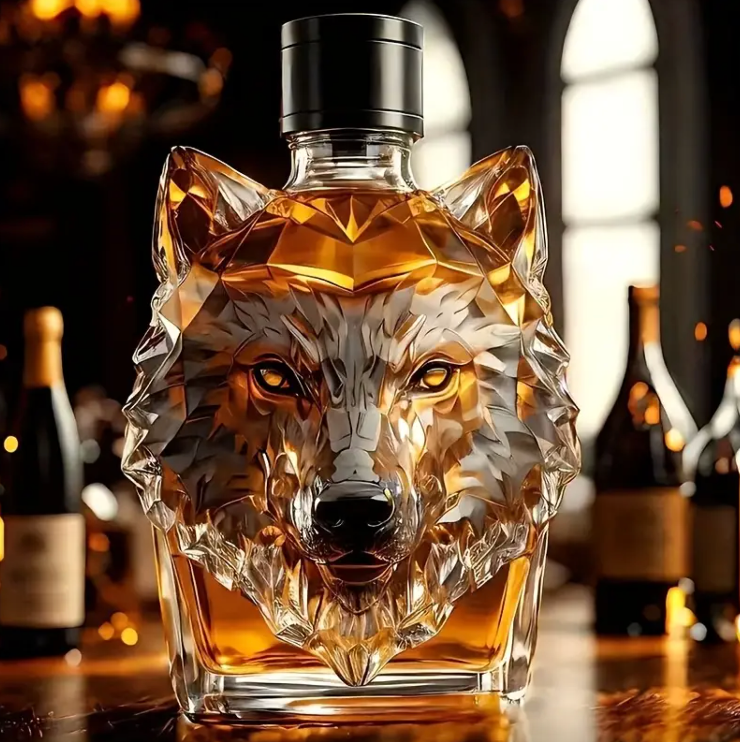 Faceted Wolf Head Glass Decanter, 10 oz