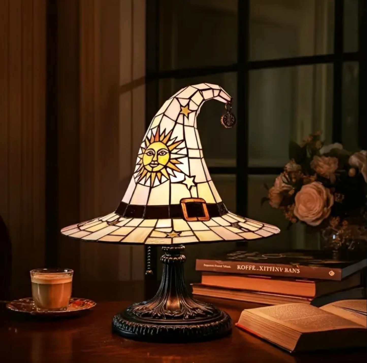 Stained Glass Witch Hat Lamp with Sun and Stars, view 6