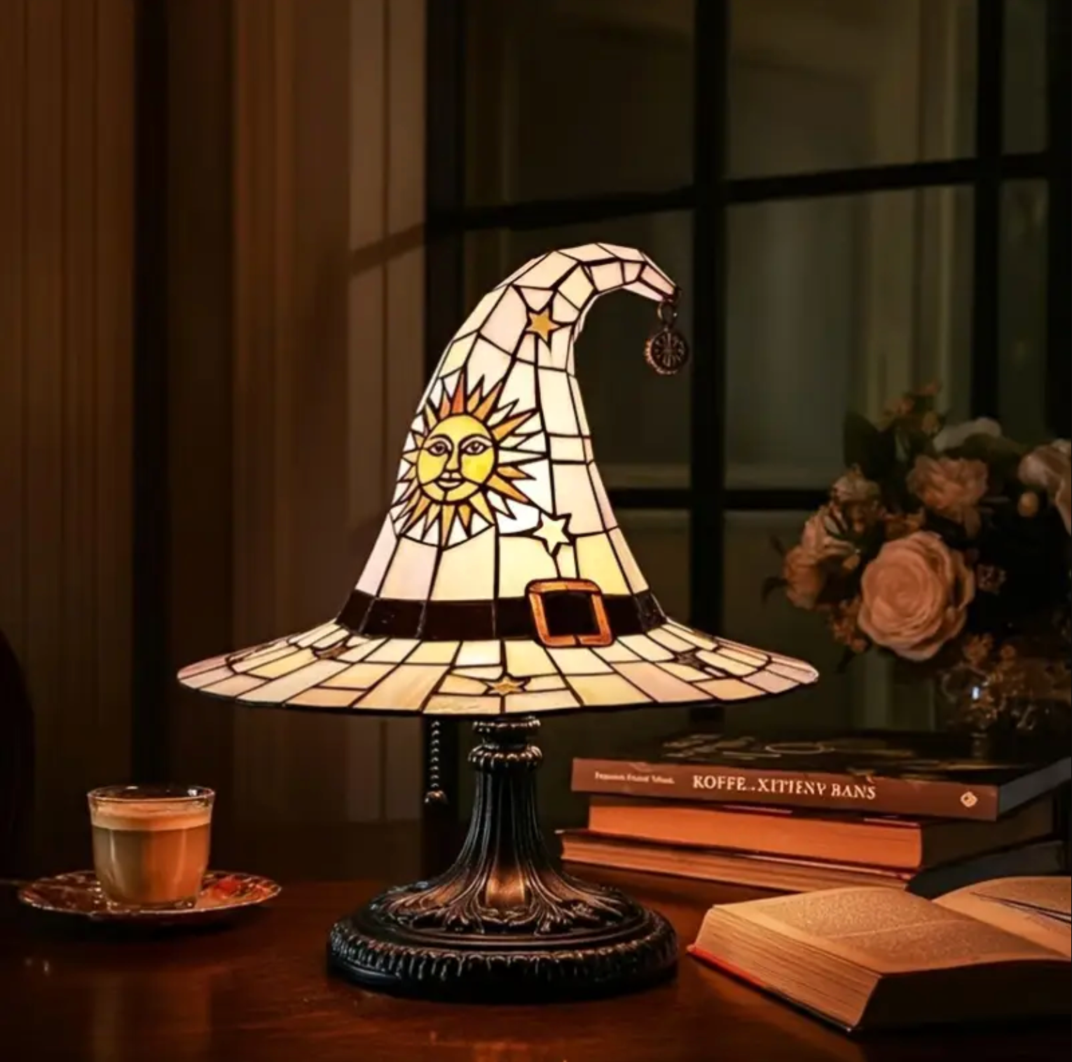 Stained Glass Witch Hat Lamp with Sun and Stars, view 6