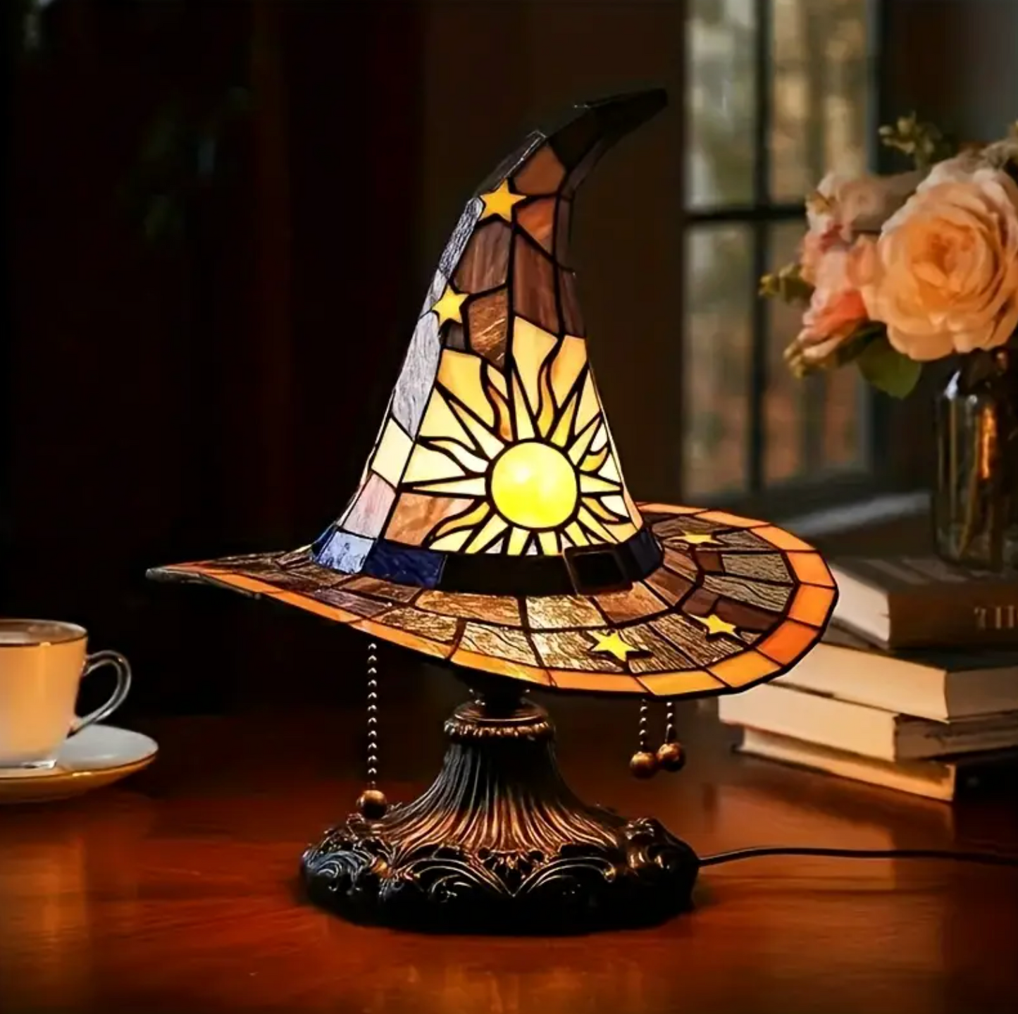 Stained Glass Witch Hat Lamp with Sun and Stars, view 3