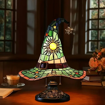 Stained Glass Witch Hat Lamp with Sun and Stars, view 2