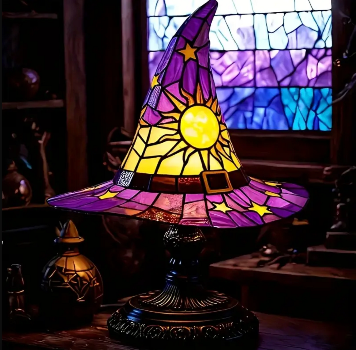 Stained Glass Witch Hat Lamp with Sun and Stars