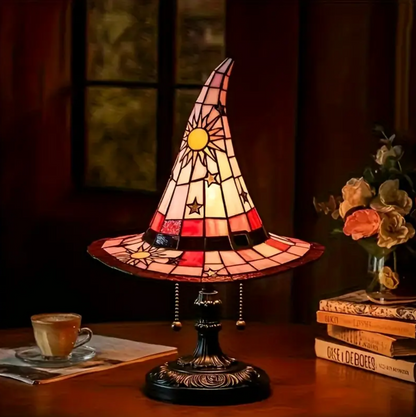 Stained Glass Witch Hat Lamp with Sun and Stars, view 4