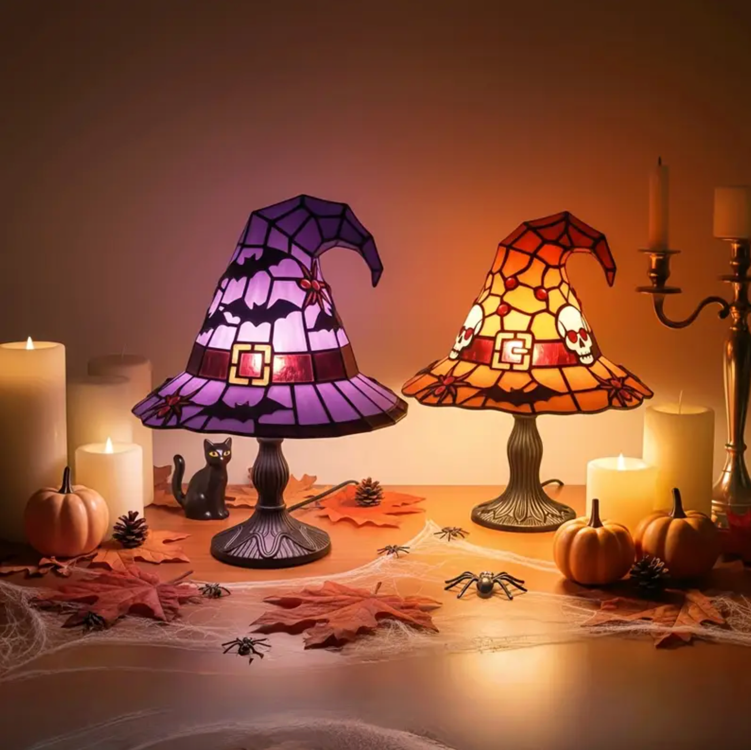 Stained Glass Witch Hat Lamp, Bat or Skull, view 3