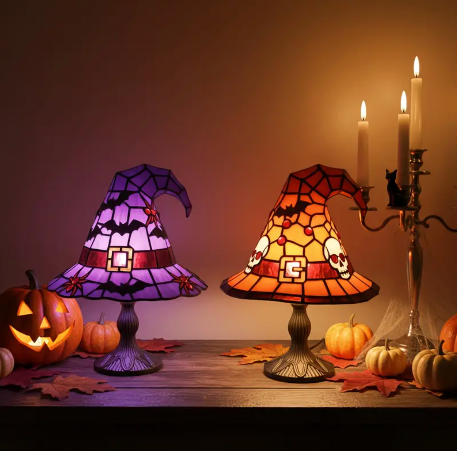 Stained Glass Witch Hat Lamp, Bat or Skull, view 4