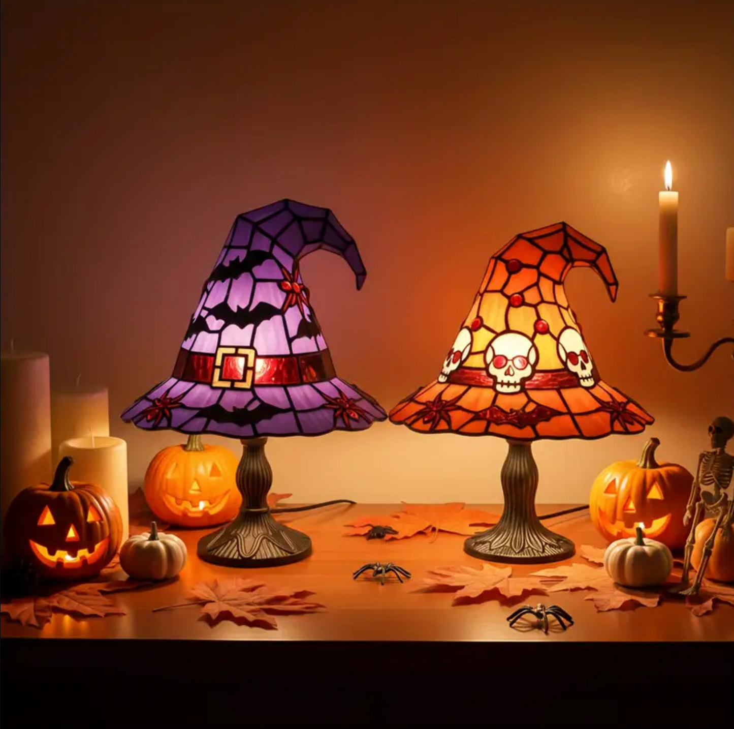 Stained Glass Witch Hat Lamp, Bat or Skull, view 5