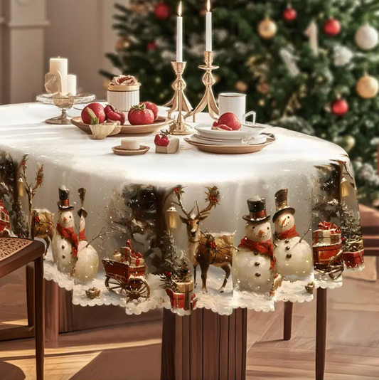 Christmas Tablecloth with Snowmen and Reindeer, Polyester