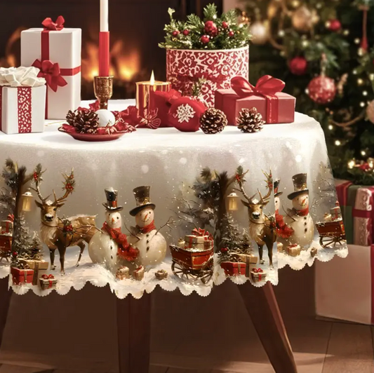 Christmas Tablecloth with Snowmen and Reindeer, Polyester, view 2