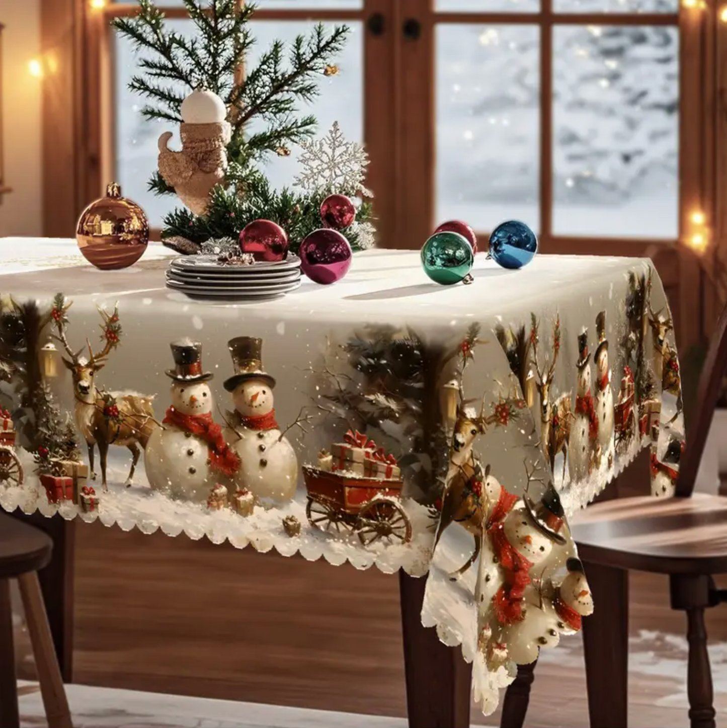 Christmas Tablecloth with Snowmen and Reindeer, Polyester, view 3