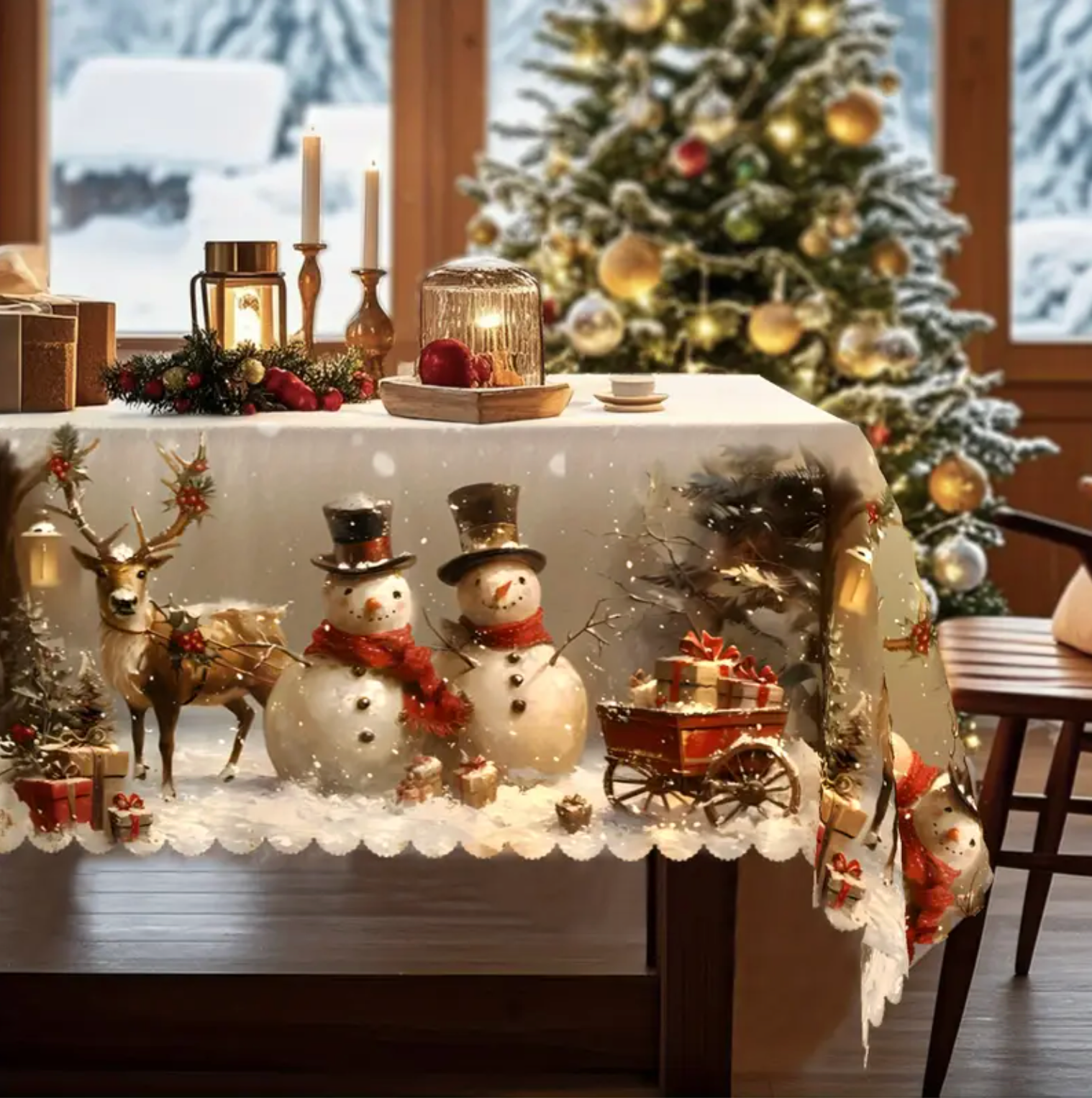 Christmas Tablecloth with Snowmen and Reindeer, Polyester, view 4