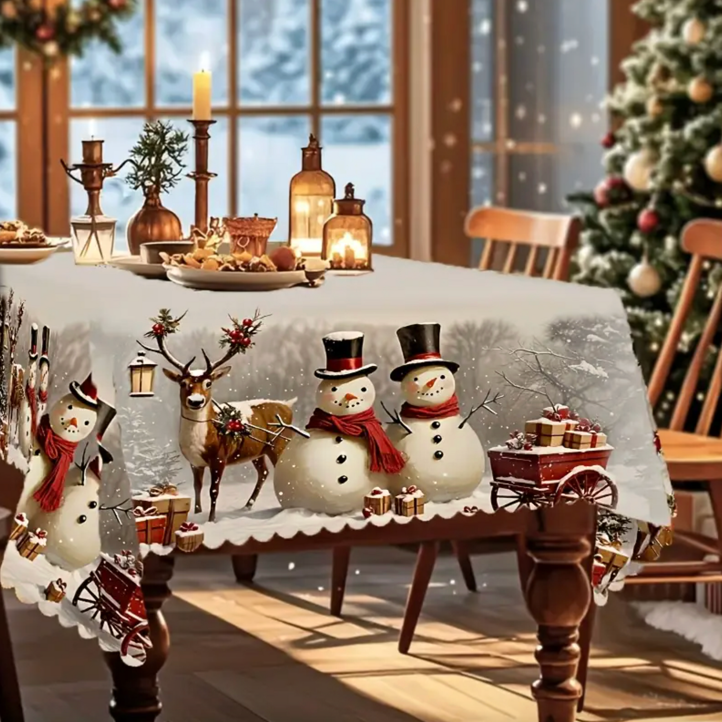 Christmas Tablecloth with Snowmen and Reindeer, Polyester, view 6