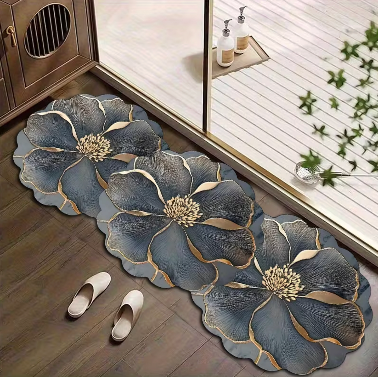 Floral Petal Shaped Floor Mat with Gold Accents