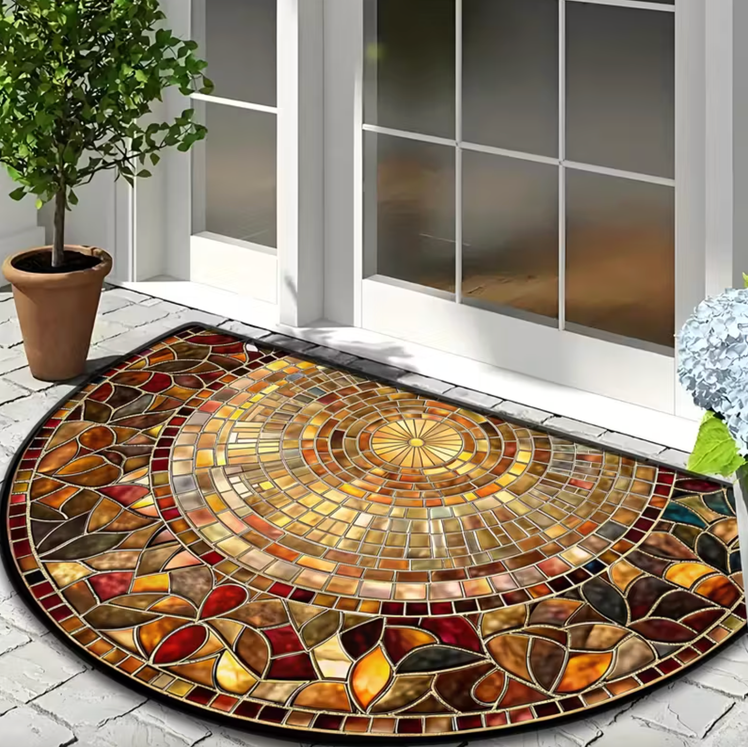 Half Round Mosaic Print Doormat in Amber and Gold