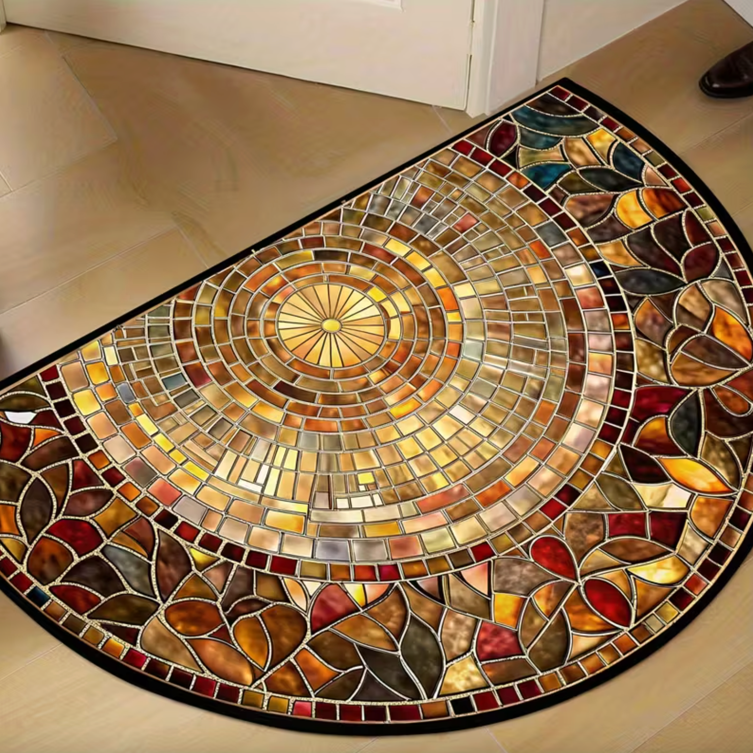 Half Round Mosaic Print Doormat in Amber and Gold, view 4