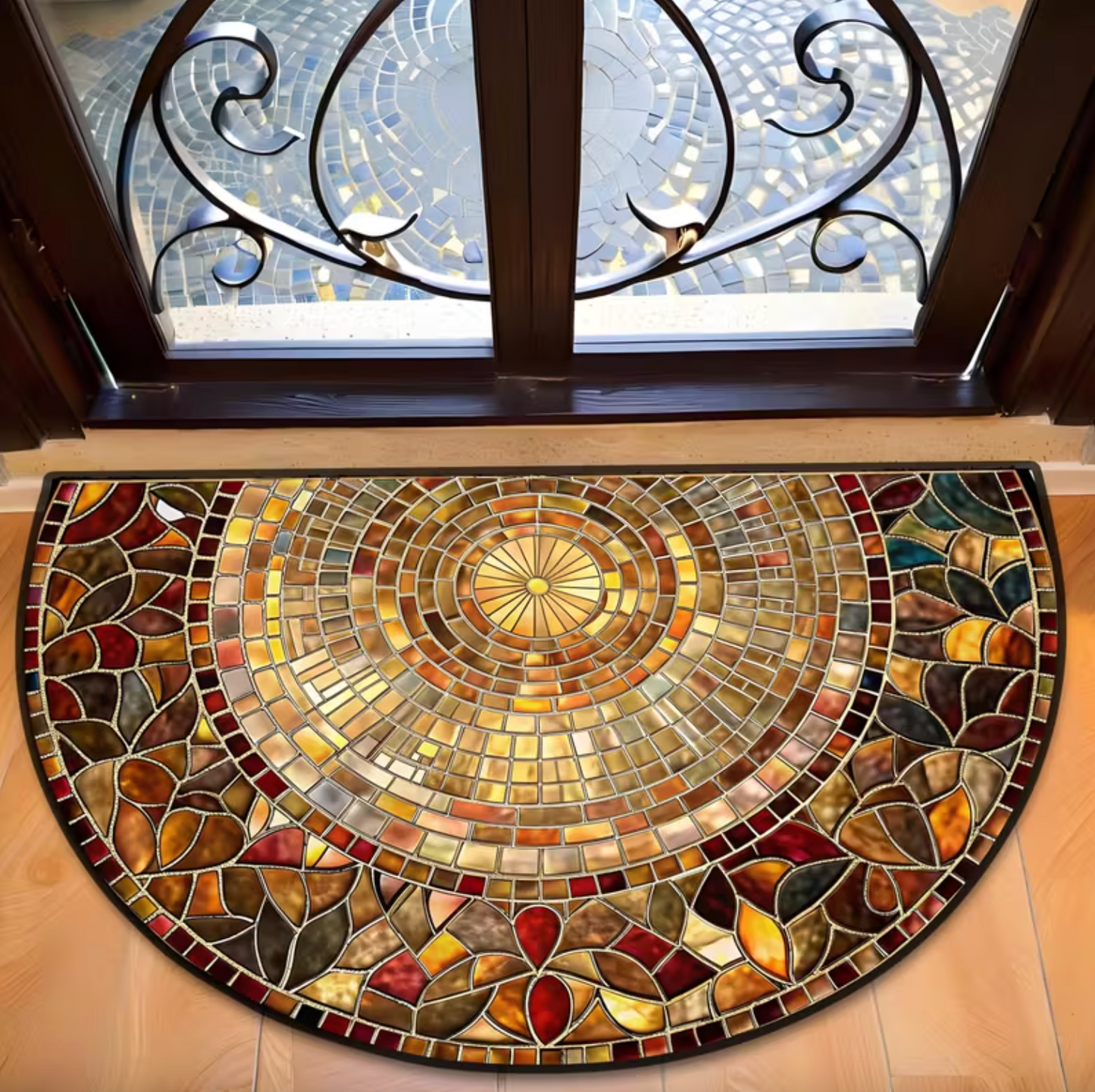 Half Round Mosaic Print Doormat in Amber and Gold, view 2