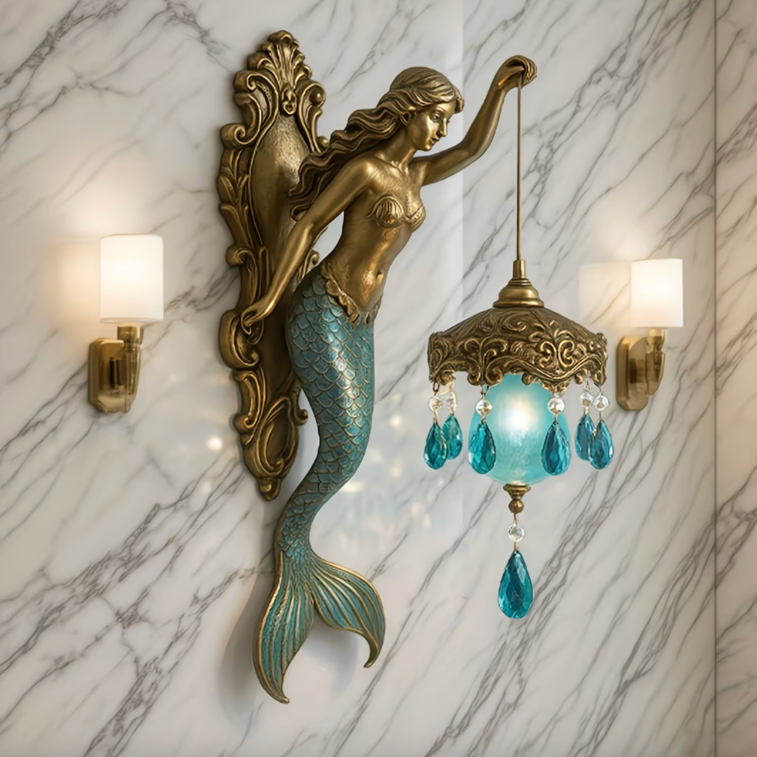 Mermaid Wall Sconce Lamp, Battery Powered Resin, view 9