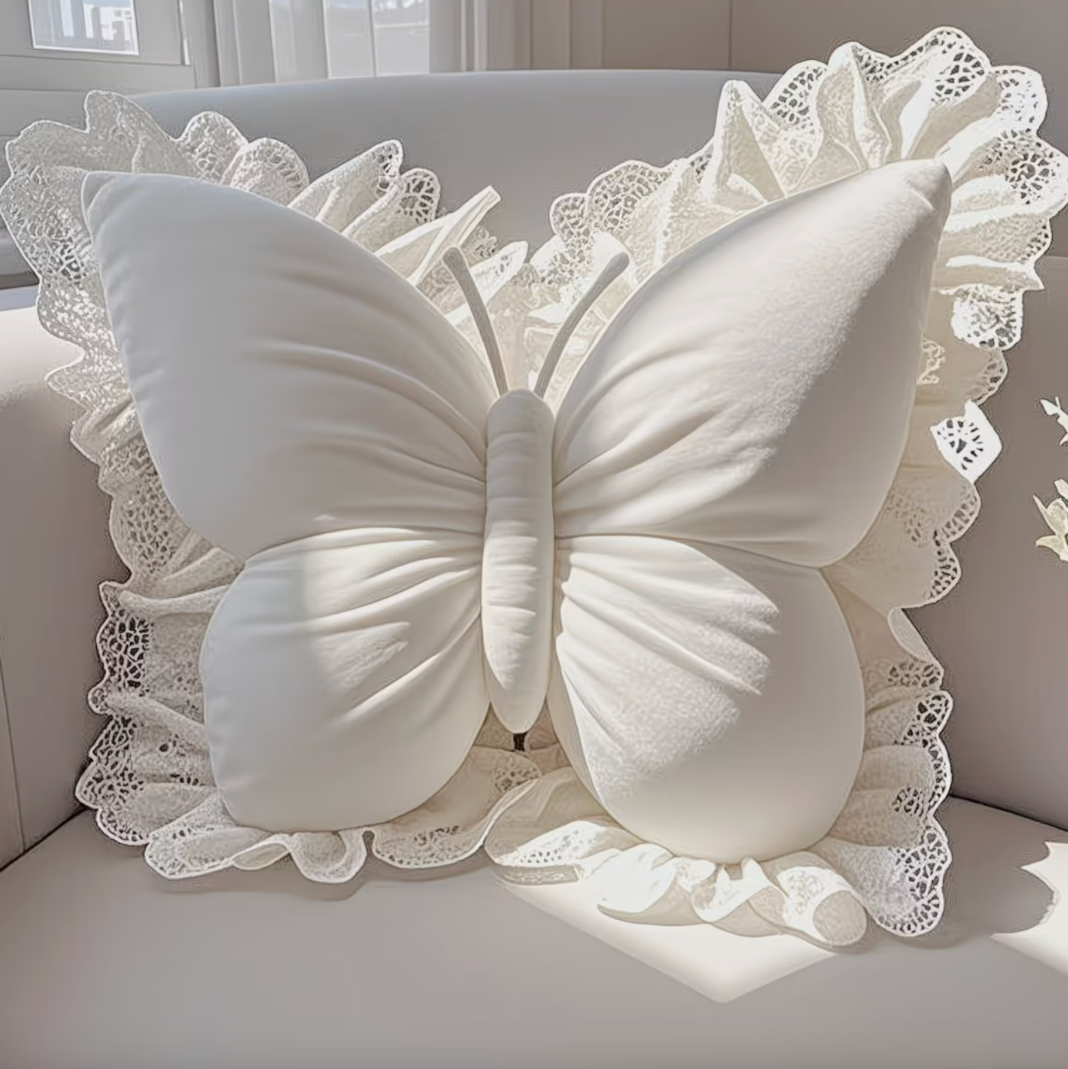 Butterfly Shaped Pillow with Lace Trimmed Wings