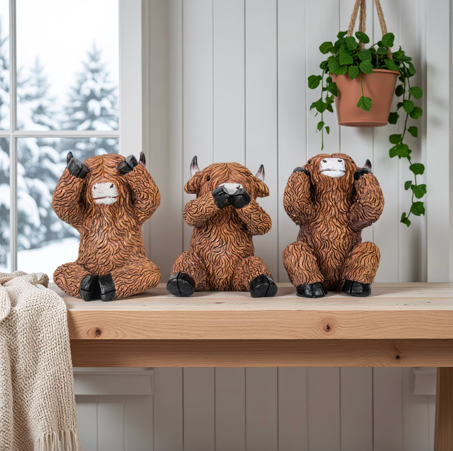 Highland Cow Figurine Set of 3, See Hear Speak No Evil
