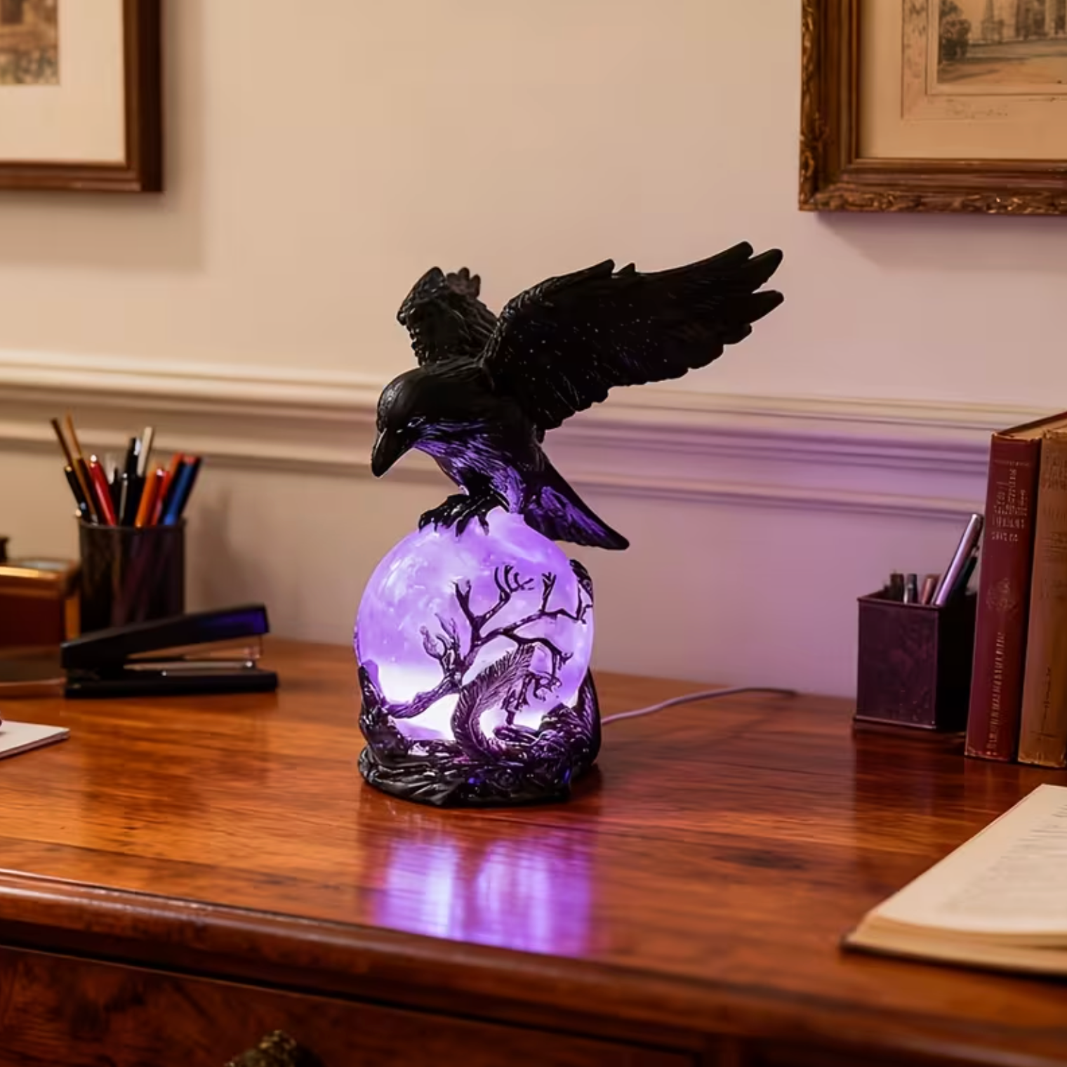 Gothic Raven Orb Accent Lamp in Black Resin, view 7
