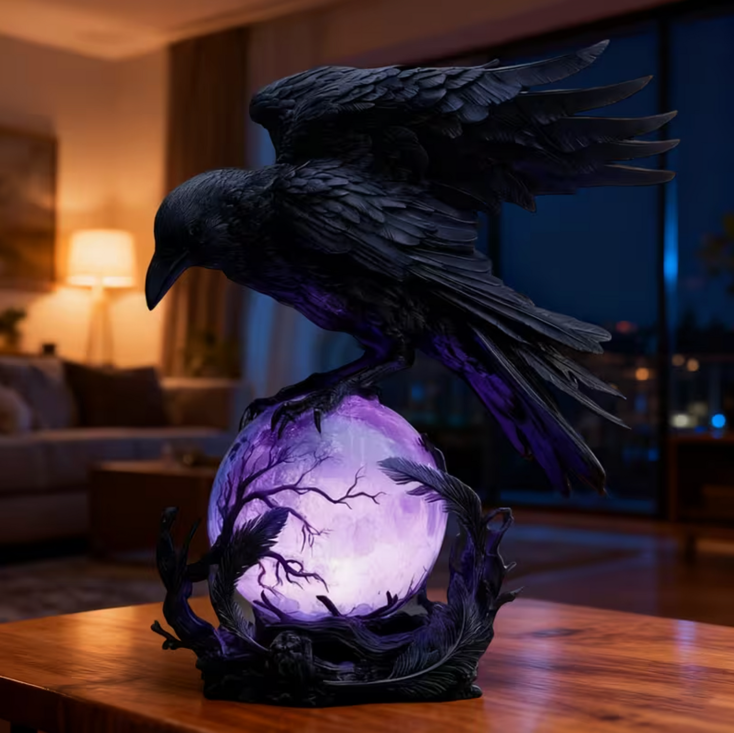 Gothic Raven Orb Accent Lamp in Black Resin, view 12