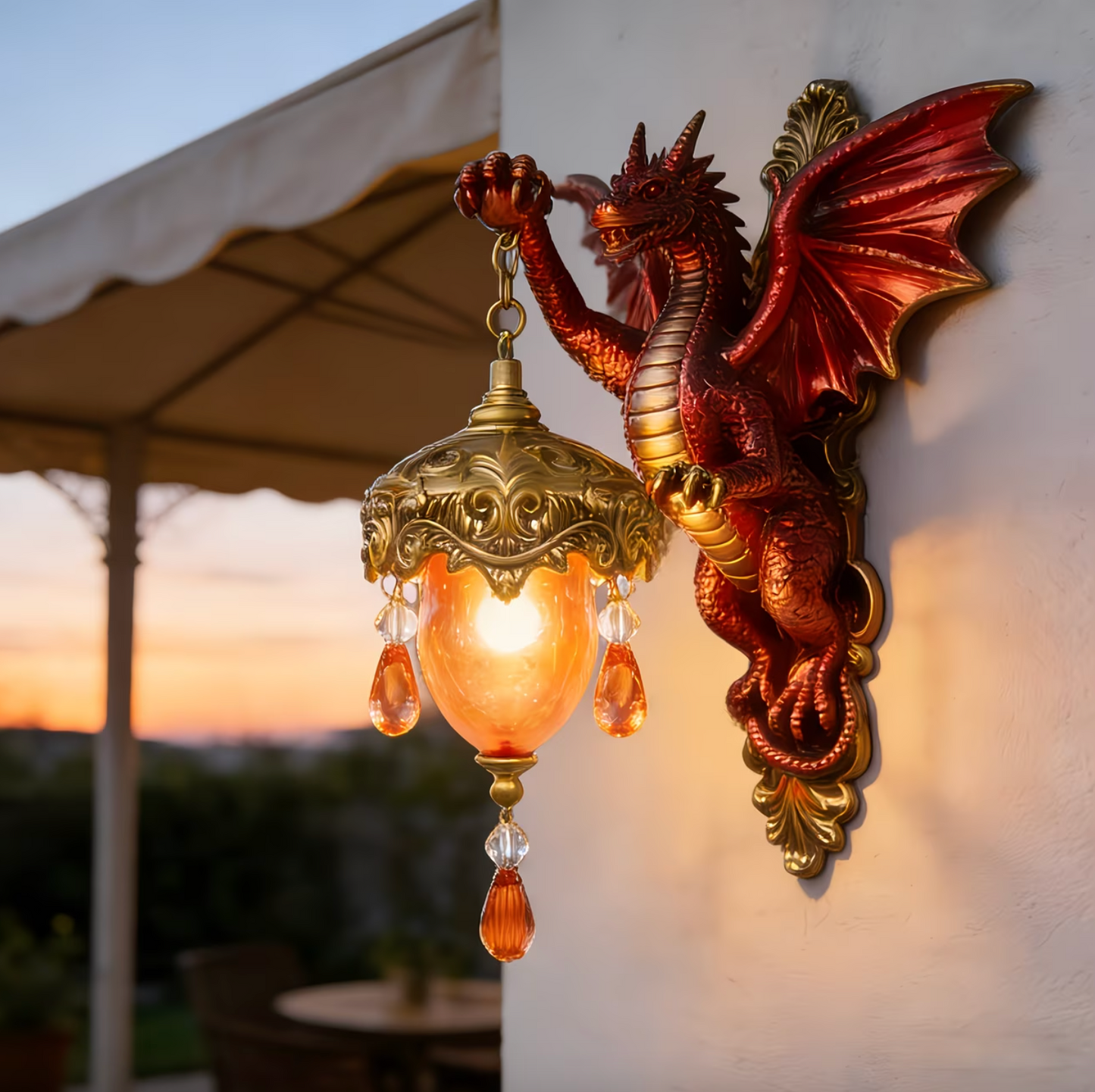 Dragon Wall Sconce Lamp with Hanging Ember Lantern