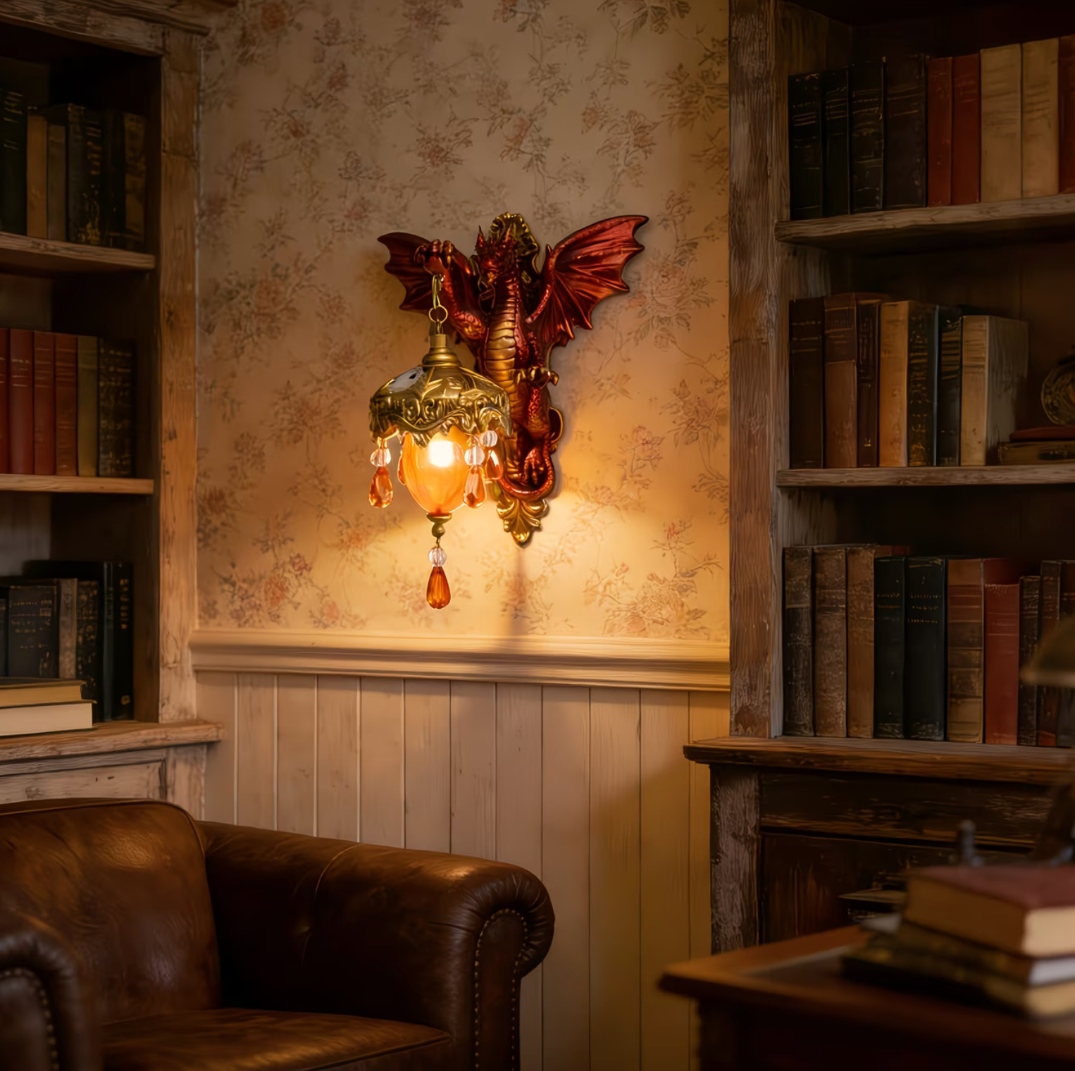 Dragon Wall Sconce Lamp with Hanging Ember Lantern, view 7
