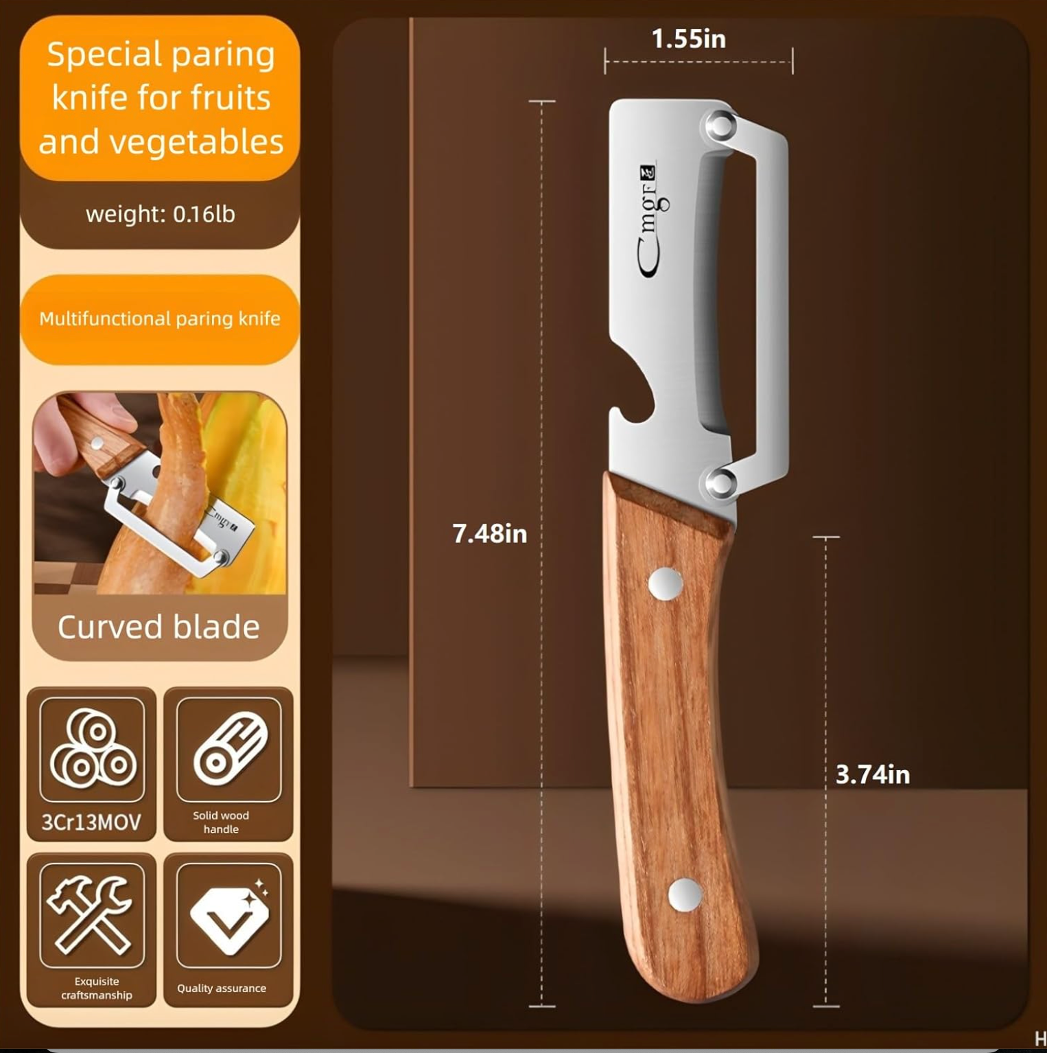 Wide Blade Vegetable Peeler with Wooden Handle, view 3