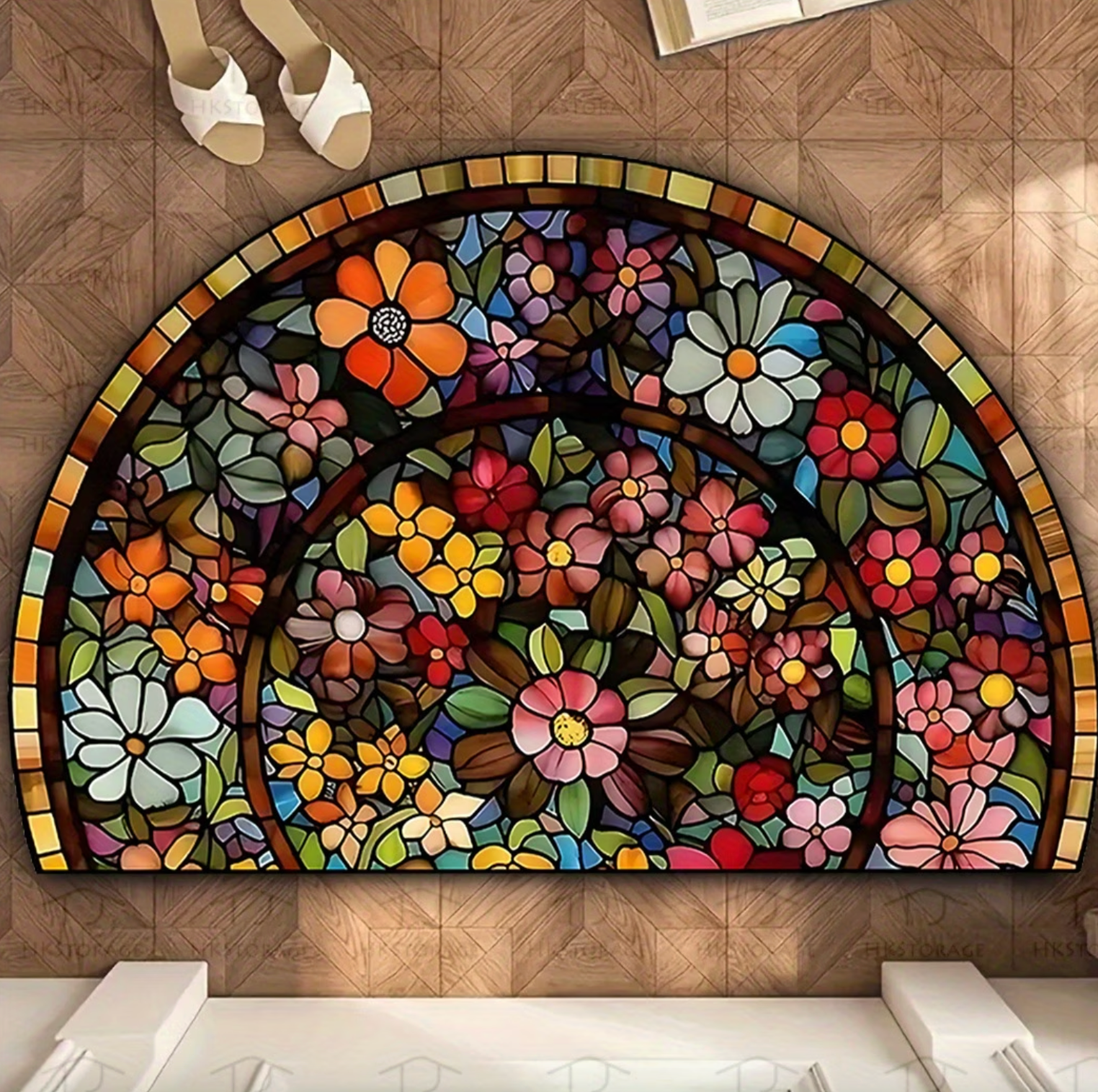 Half Round Floral Entry Mat, Stained Glass Print, view 3
