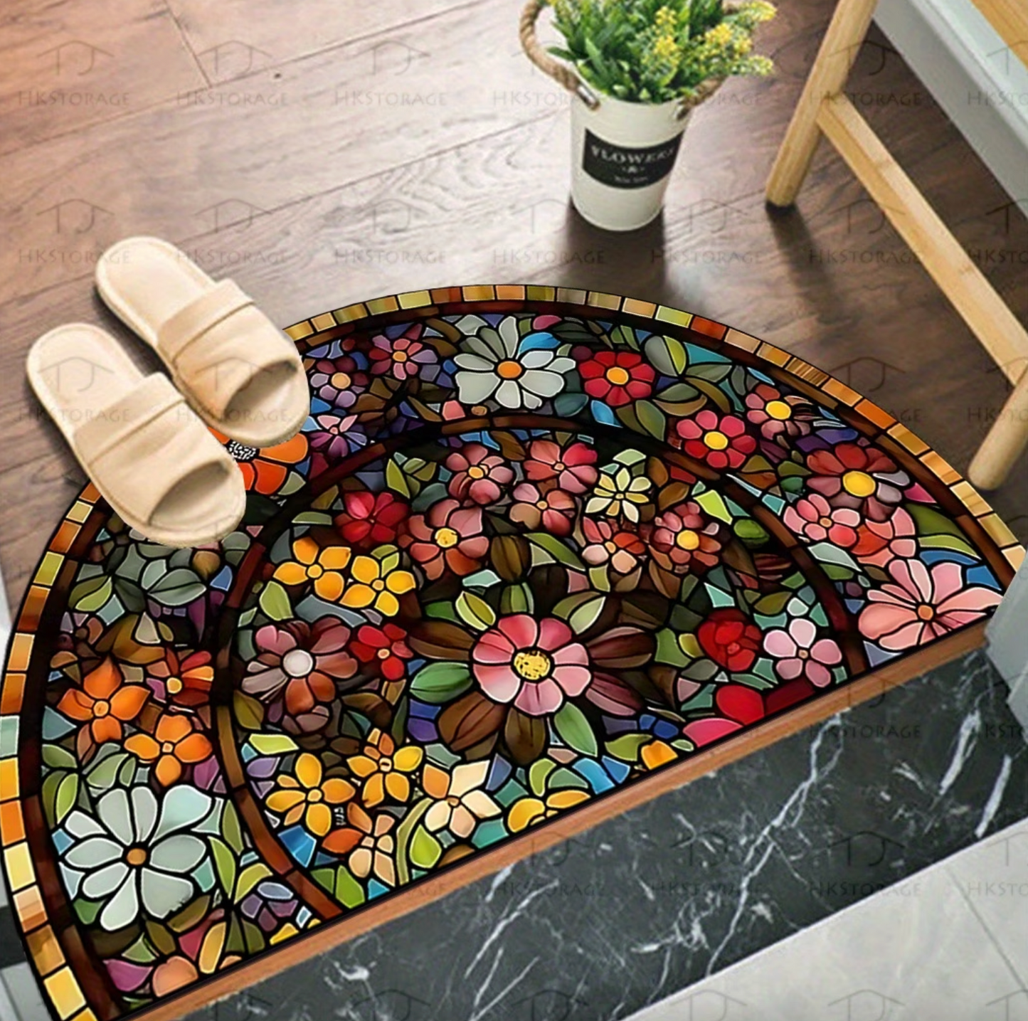 Half Round Floral Entry Mat, Stained Glass Print