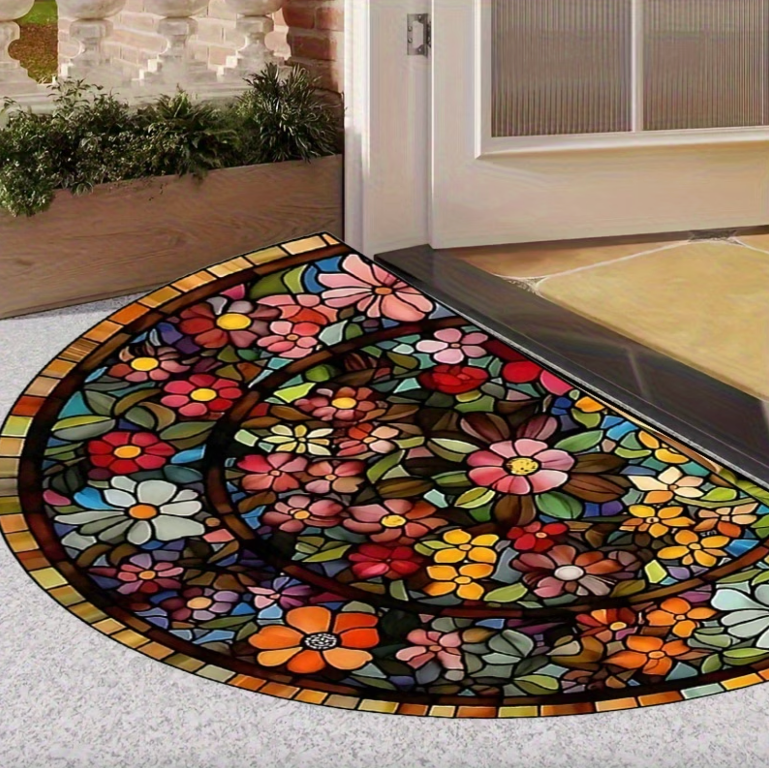 Half Round Floral Entry Mat, Stained Glass Print, view 2