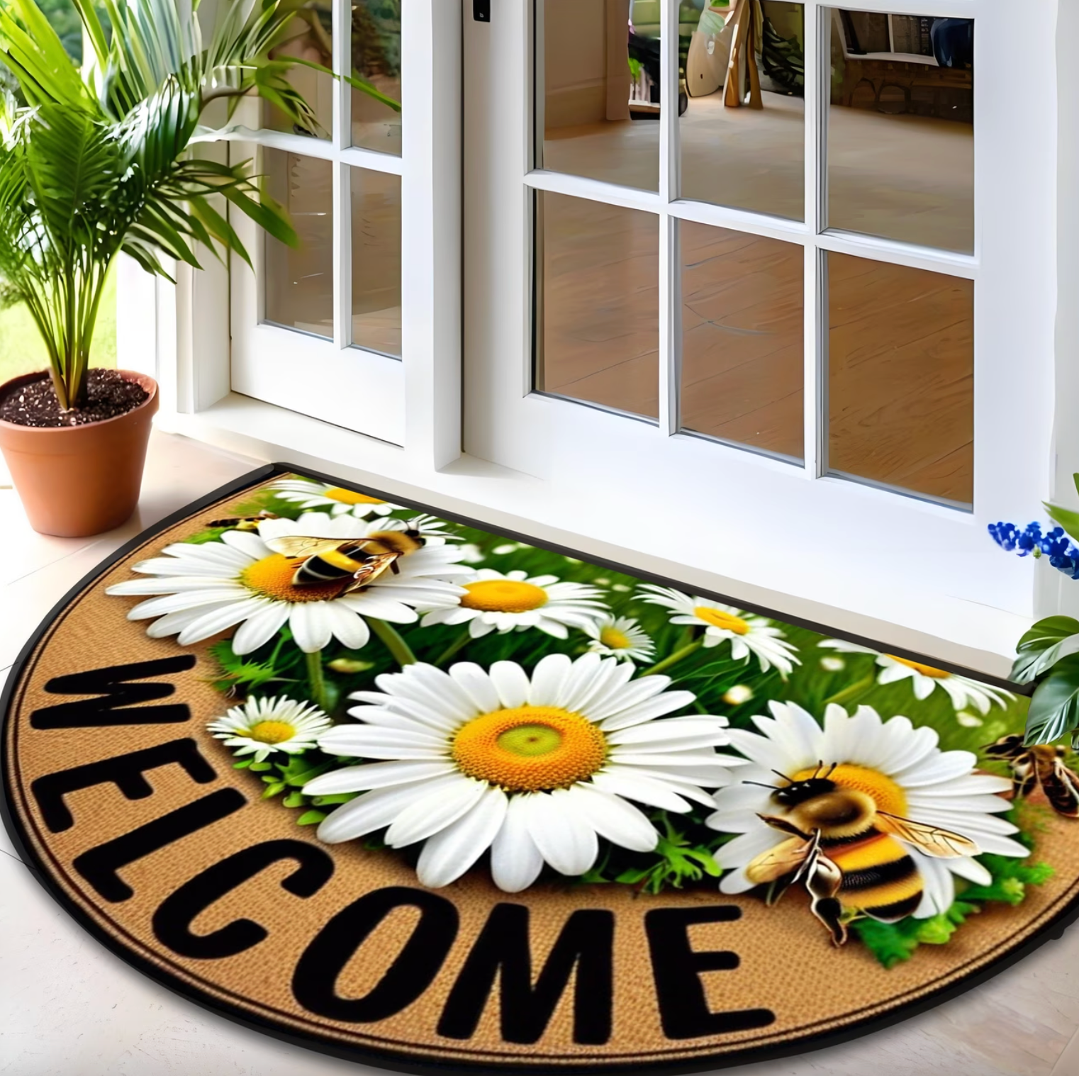 Arched Daisy and Bee Welcome Door Mat, Non Slip