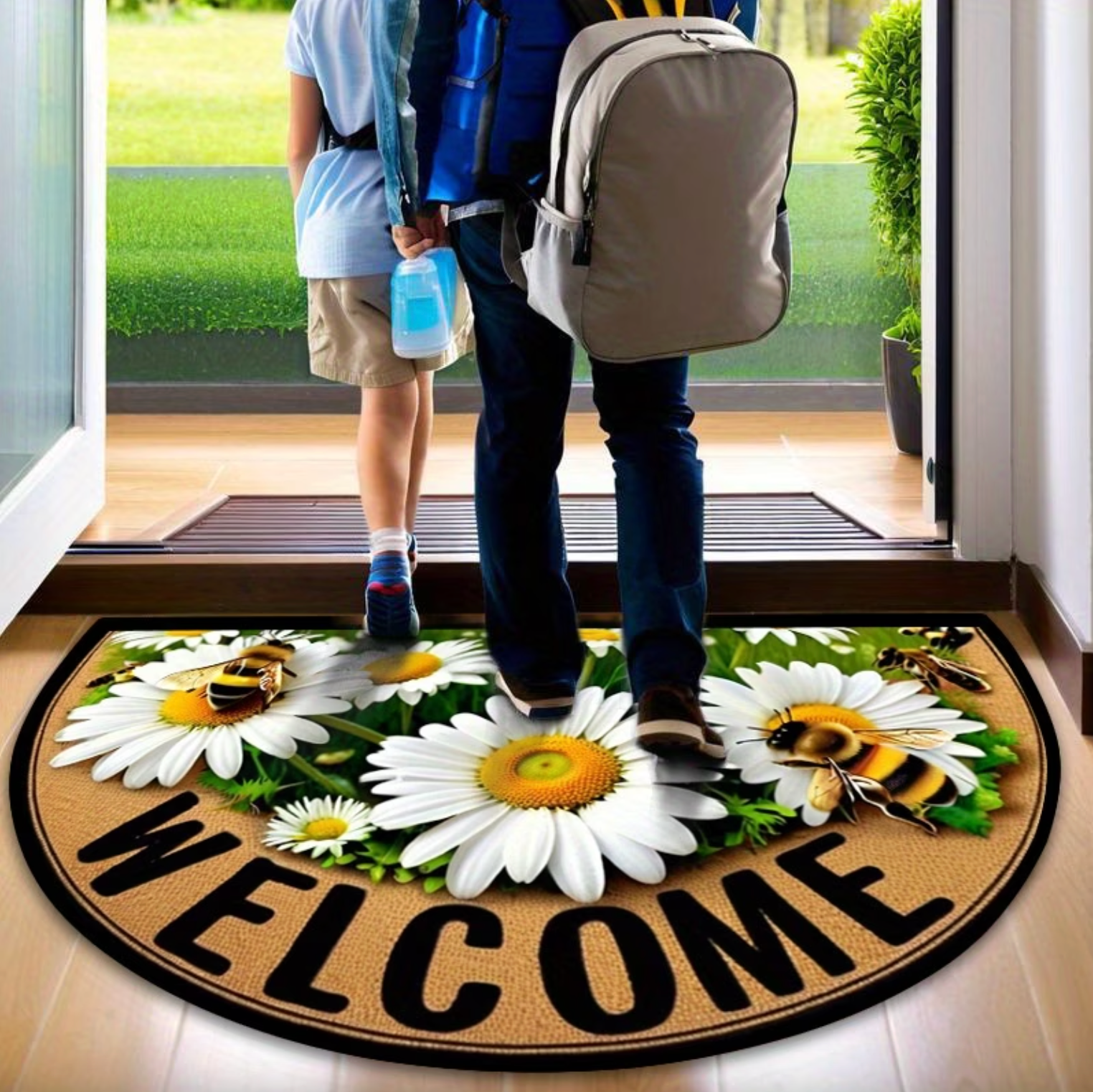 Arched Daisy and Bee Welcome Door Mat, Non Slip, view 2