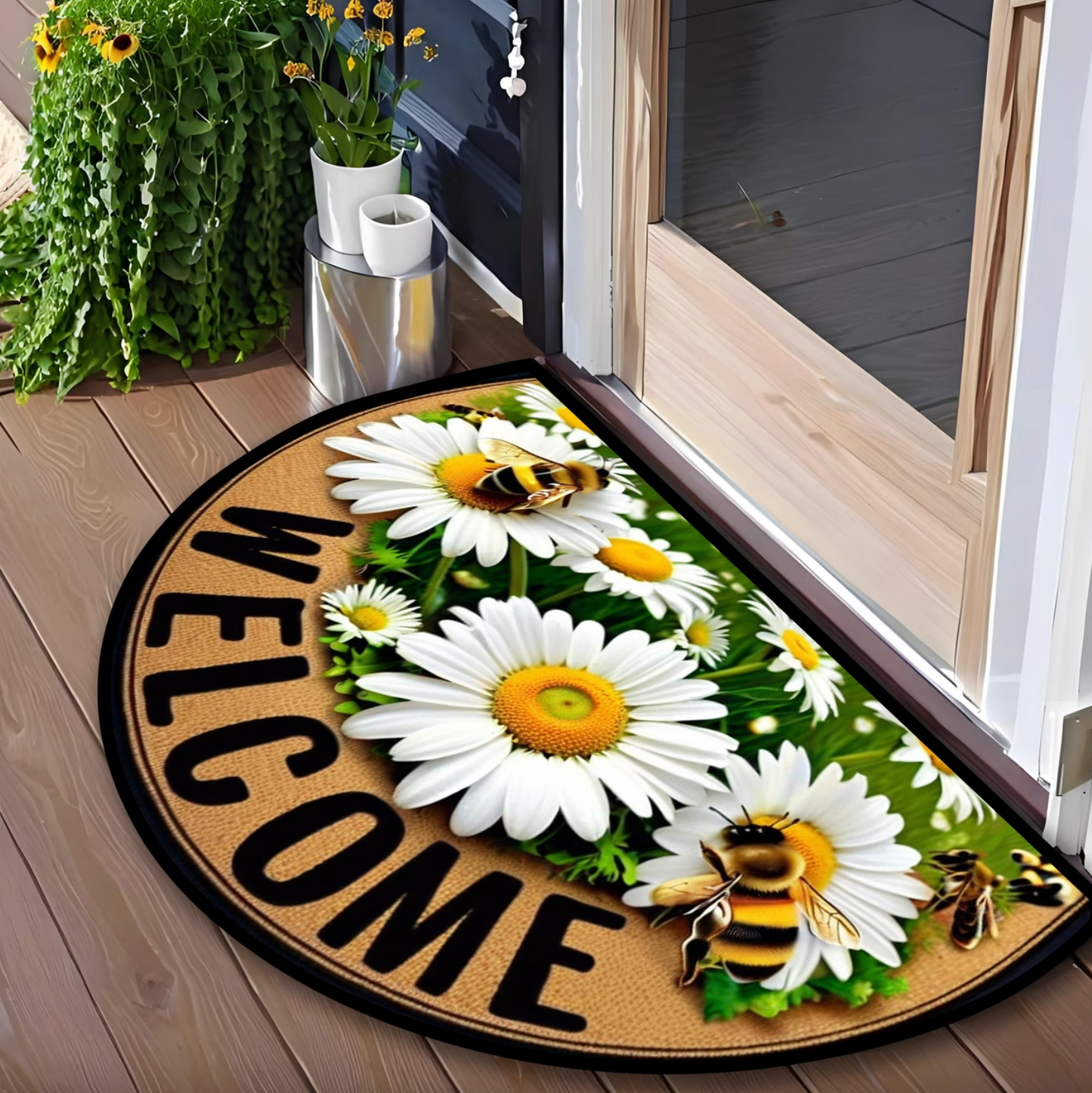 Arched Daisy and Bee Welcome Door Mat, Non Slip, view 3