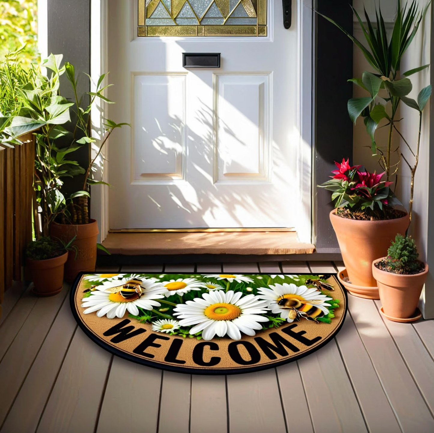 Arched Daisy and Bee Welcome Door Mat, Non Slip, view 4