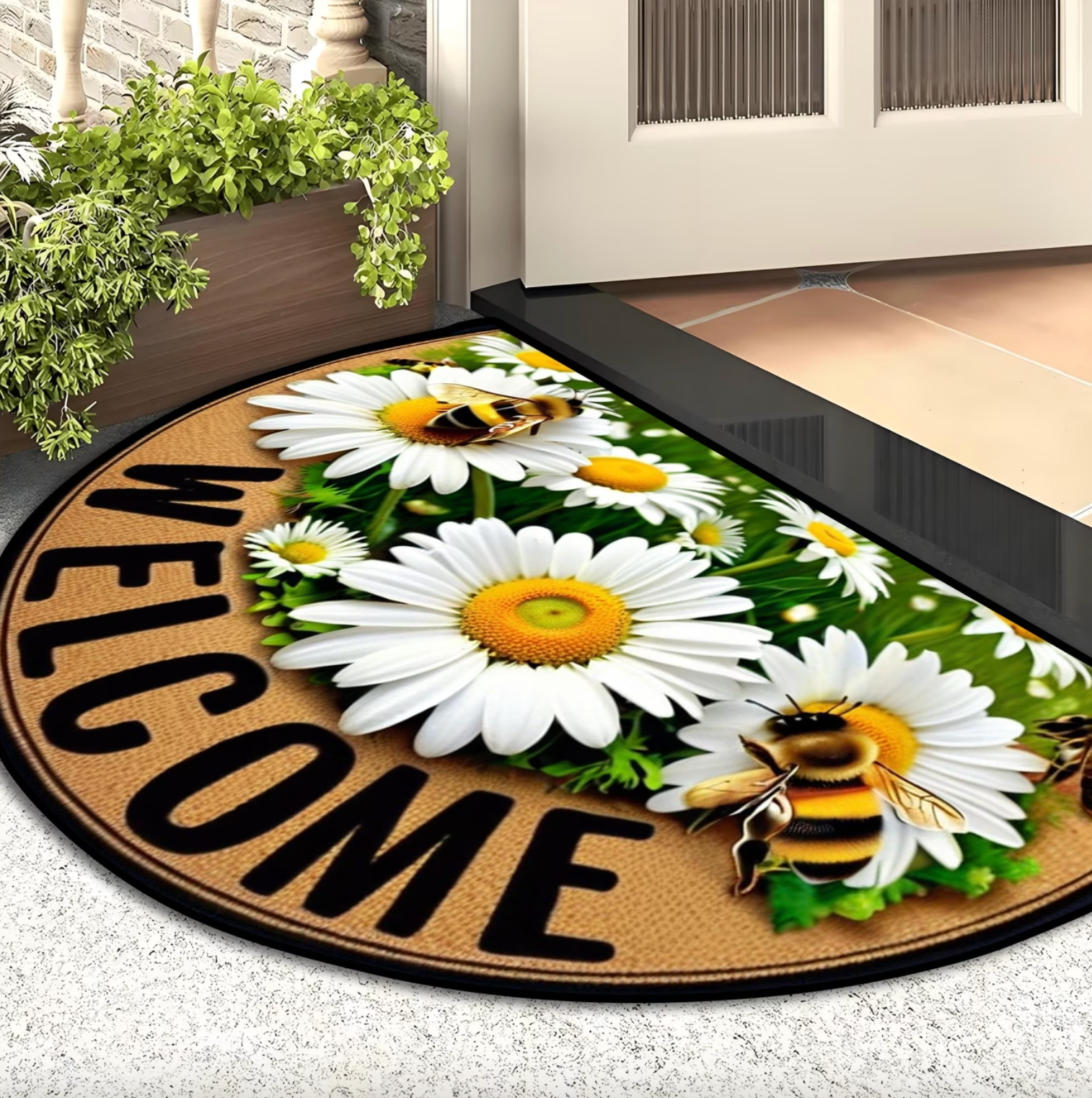 Arched Daisy and Bee Welcome Door Mat, Non Slip, view 5