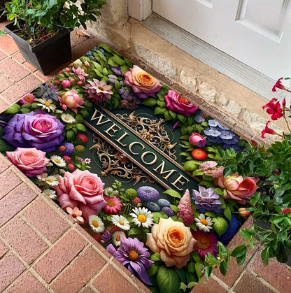 Floral Welcome Mat with Gold Lettering, Two Sizes
