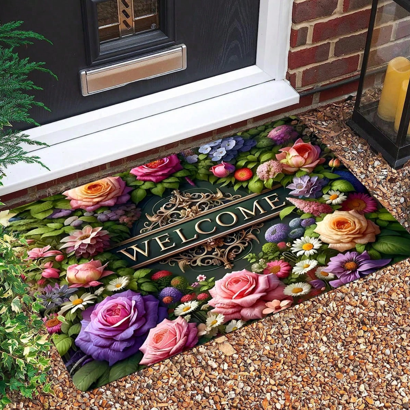 Floral Welcome Mat with Gold Lettering, Two Sizes, view 2