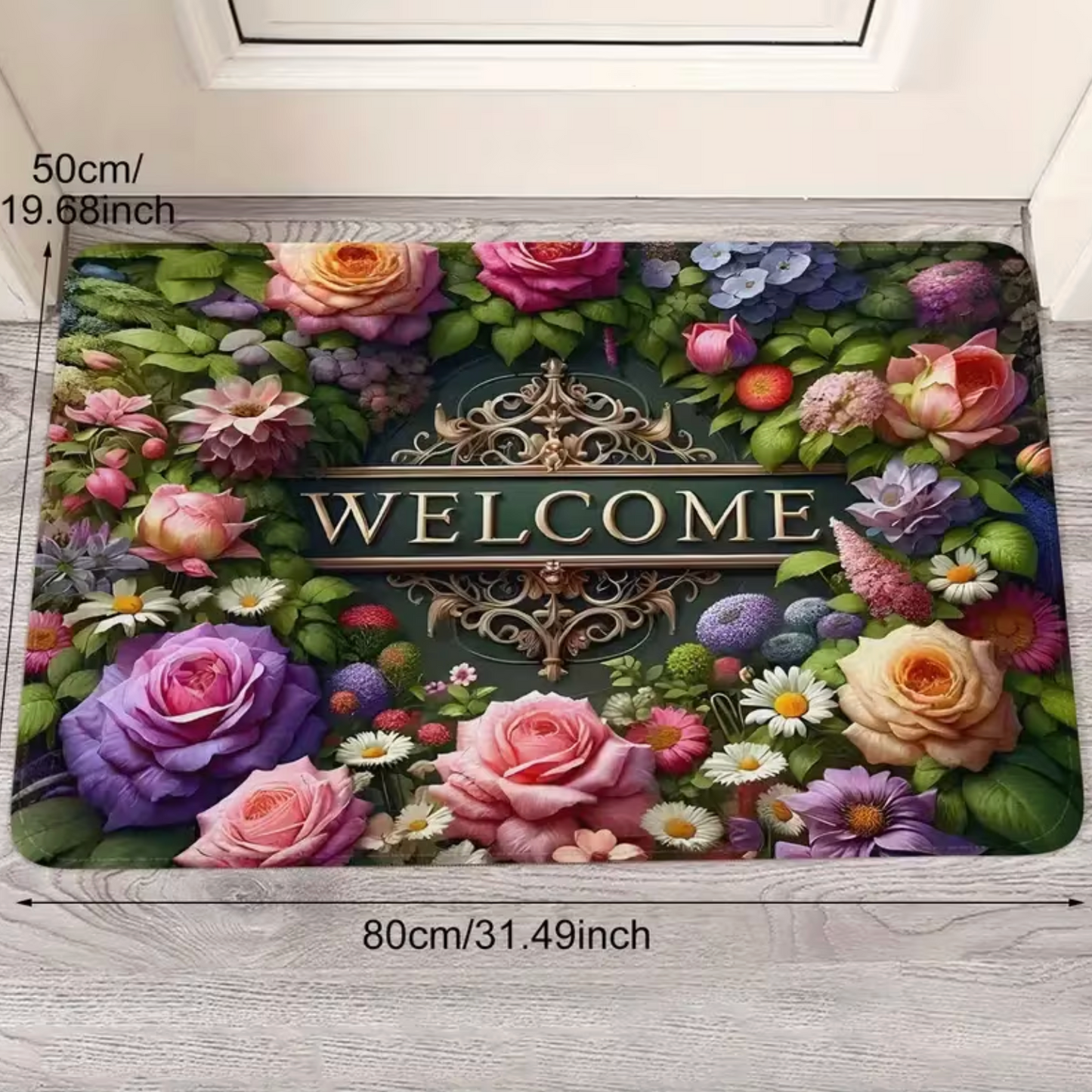 Floral Welcome Mat with Gold Lettering, Two Sizes, view 3