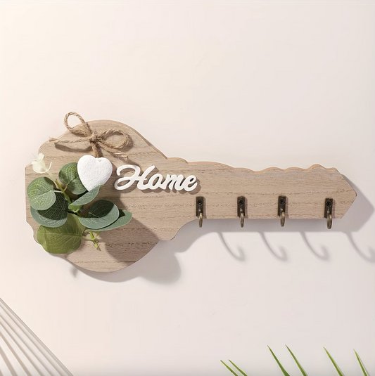 Key Shaped Wooden Wall Rack with Four Hooks