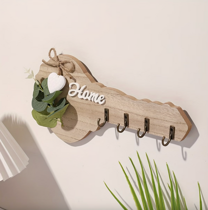 Key Shaped Wooden Wall Rack with Four Hooks, view 2