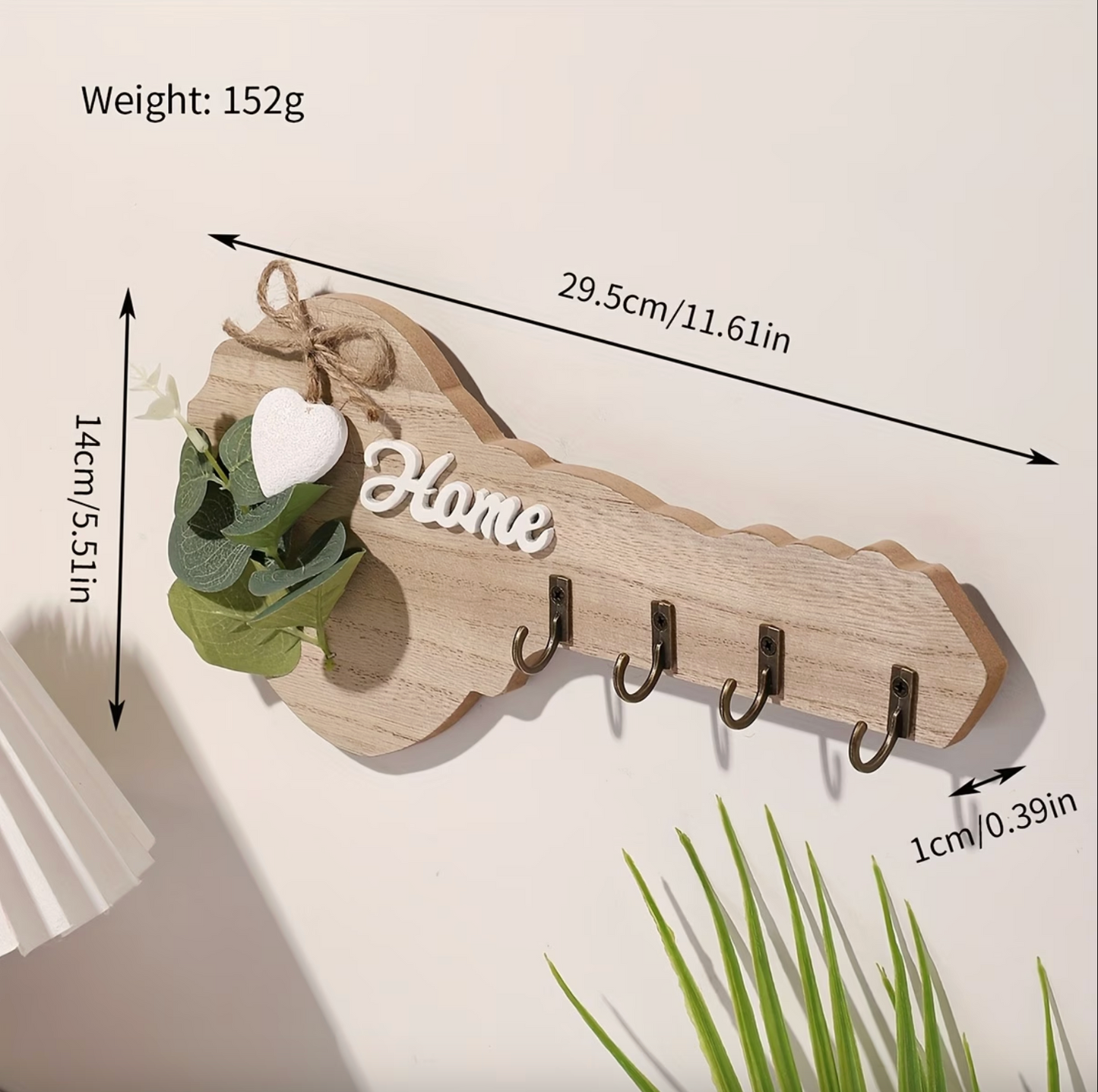 Key Shaped Wooden Wall Rack with Four Hooks, view 3