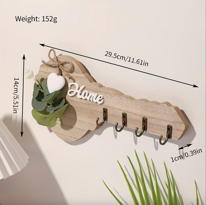 Key Shaped Wooden Wall Rack with Four Hooks, view 3